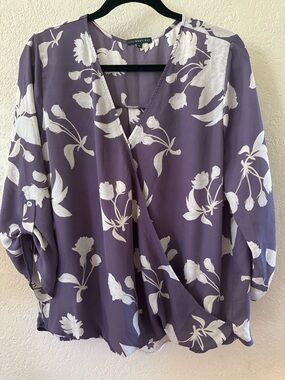 West Kei Purple and White Floral Surplice Blouse
